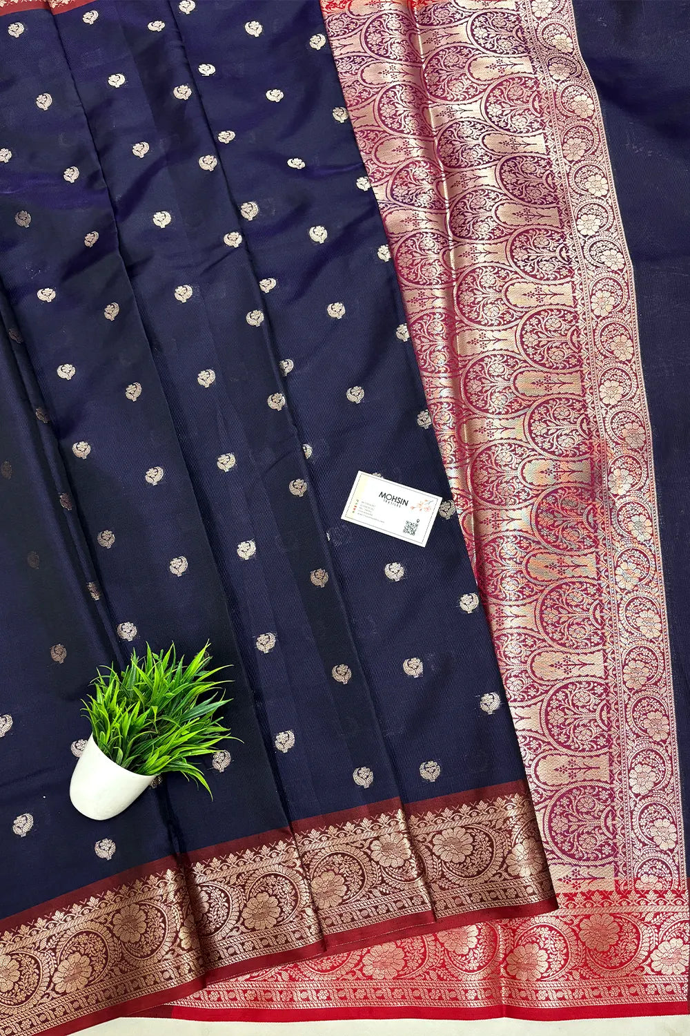 Navy Blue and Wine  Zari Semi Katan Silk Banarasi Saree
