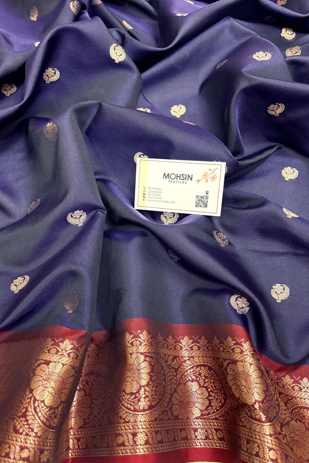 Navy Blue and Wine  Zari Semi Katan Silk Banarasi Saree