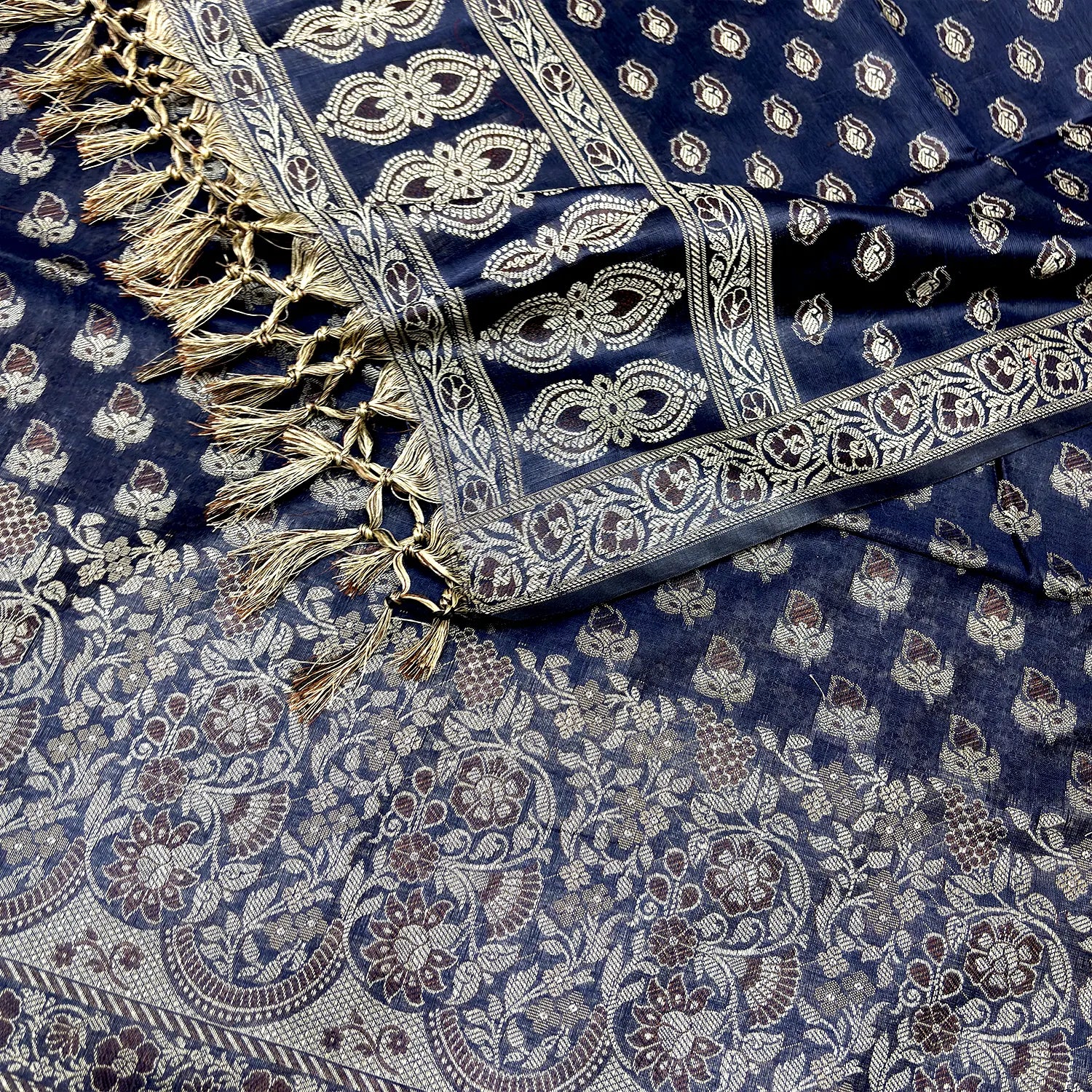 Navy Blue Angoori Buti Cotton Silk Banarasi Suit