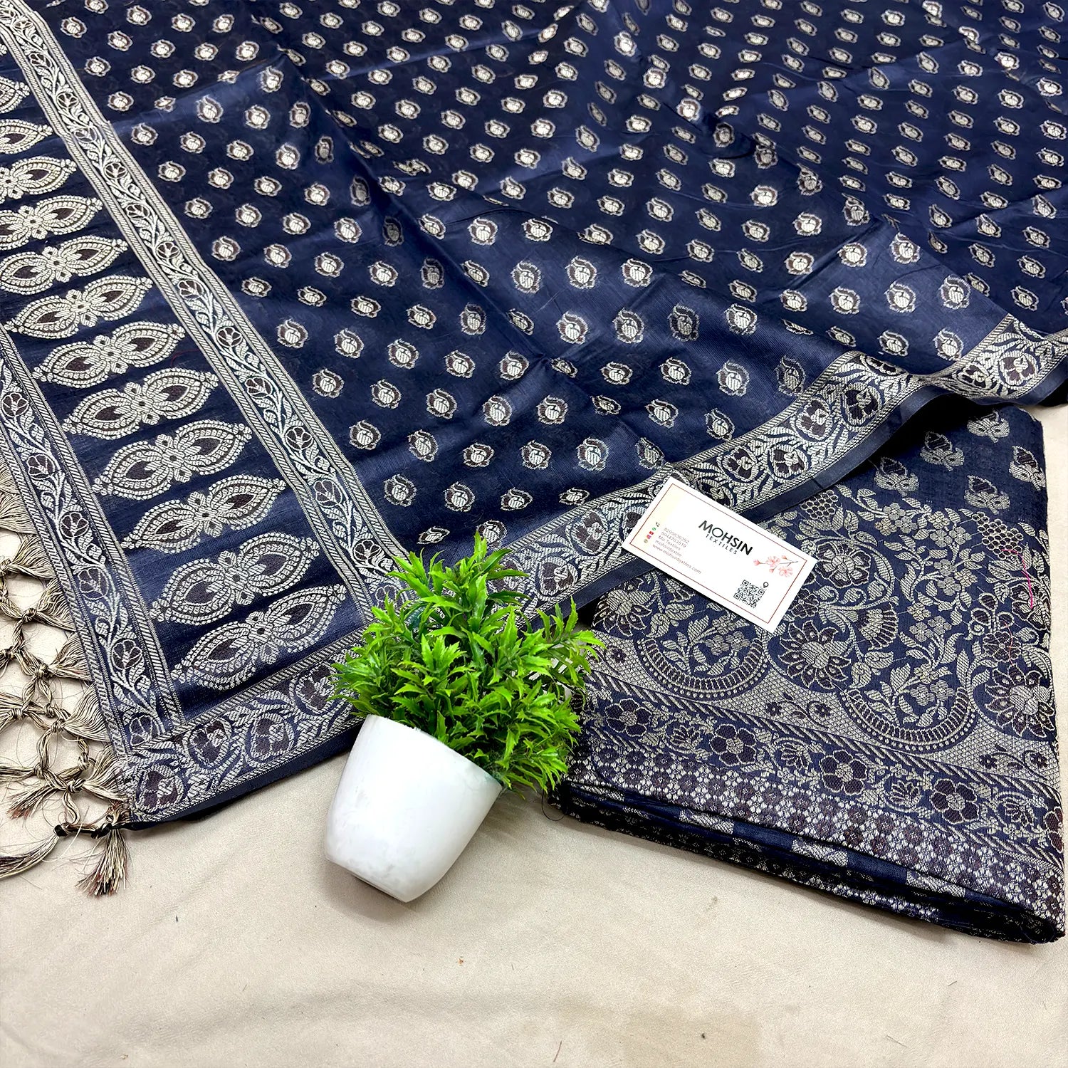 Navy Blue Angoori Buti Cotton Silk Banarasi Suit