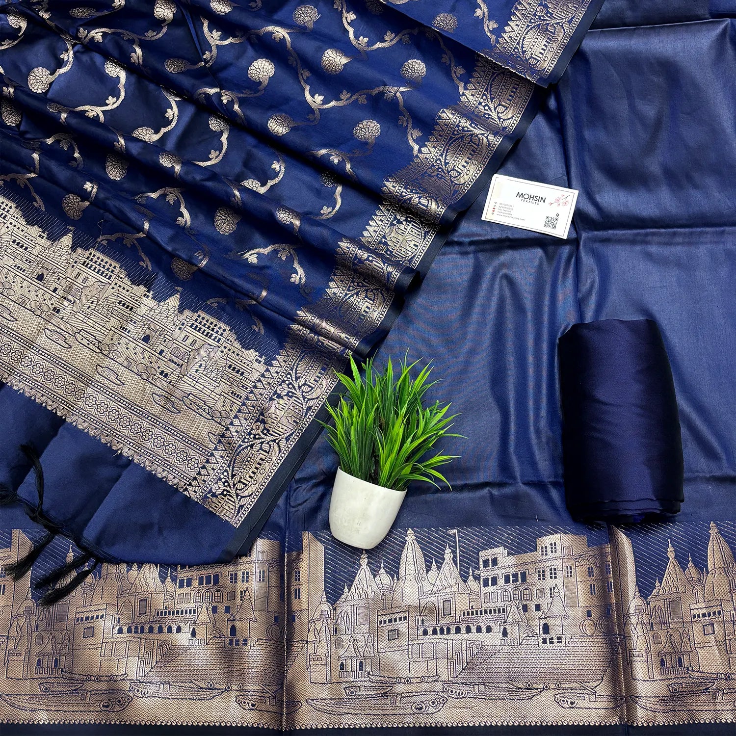 Navy Blue Assi Ghat Plain Semi Katan Silk Banarasi Suit