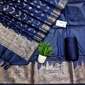 Navy Blue Assi Ghat Plain Semi Katan Silk Banarasi Suit