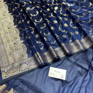 Navy Blue Assi Ghat Plain Semi Katan Silk Banarasi Suit