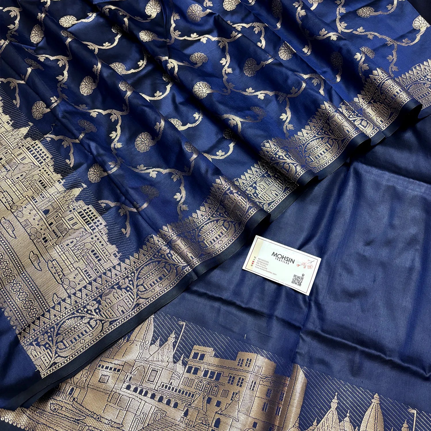 Navy Blue Assi Ghat Plain Semi Katan Silk Banarasi Suit