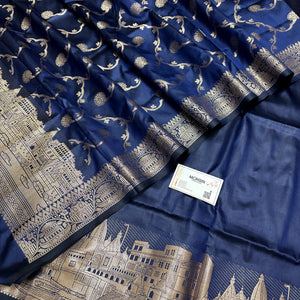 Navy Blue Assi Ghat Plain Semi Katan Silk Banarasi Suit