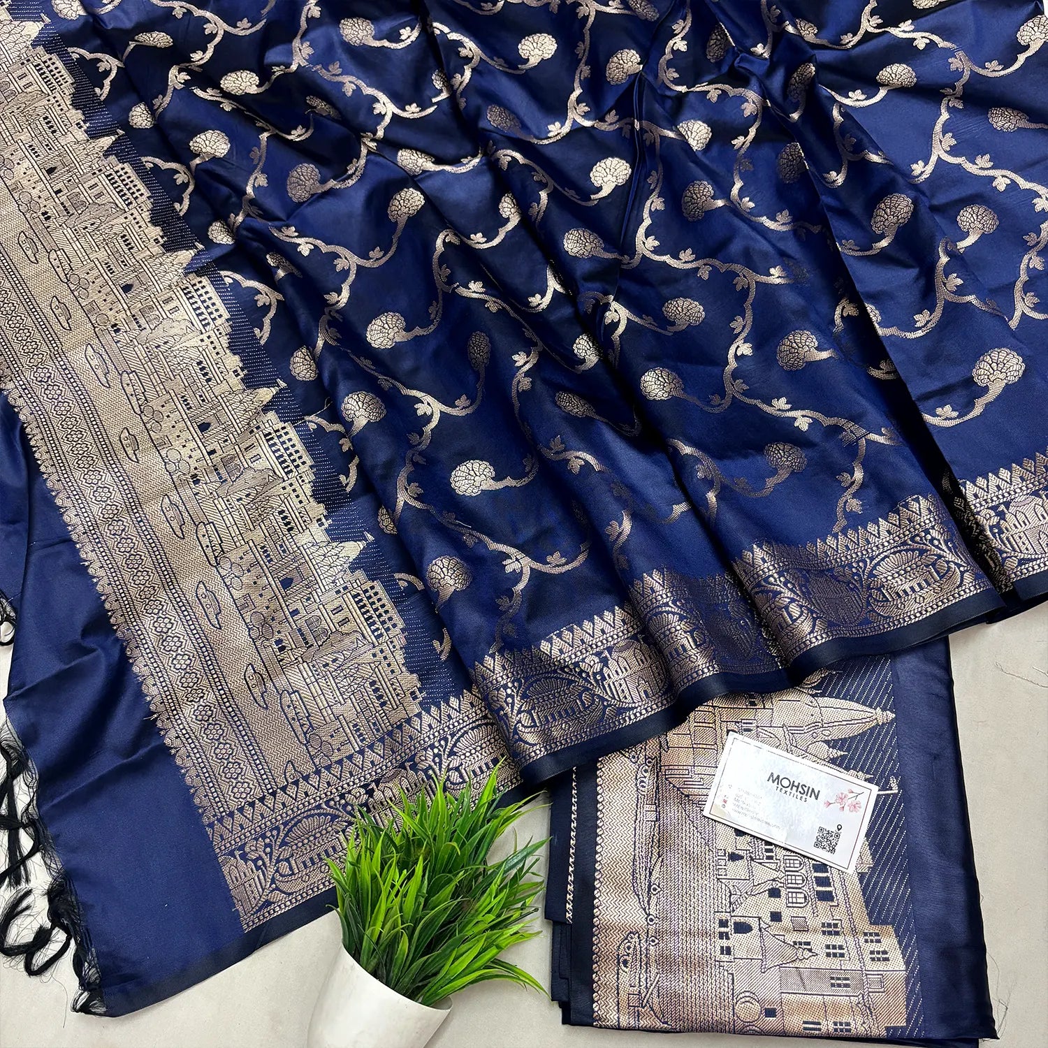 Navy Blue Assi Ghat Plain Semi Katan Silk Banarasi Suit