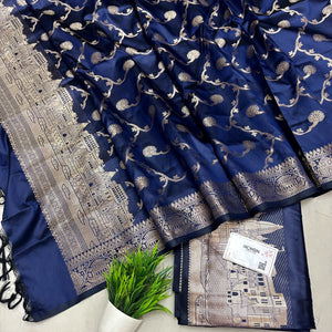 Navy Blue Assi Ghat Plain Semi Katan Silk Banarasi Suit