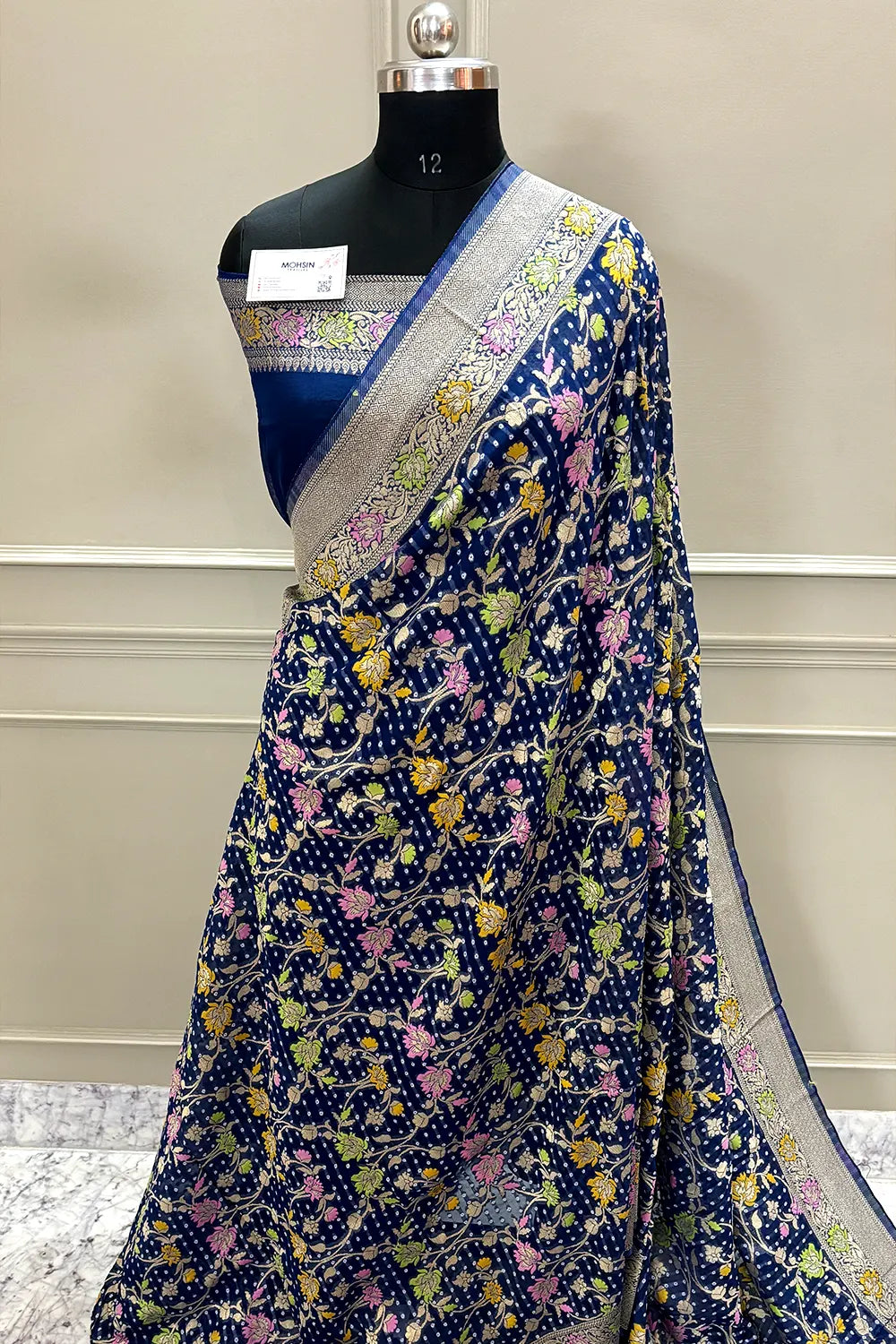 Navy Blue Bandhej Meena Georgette Silk Banarasi Saree