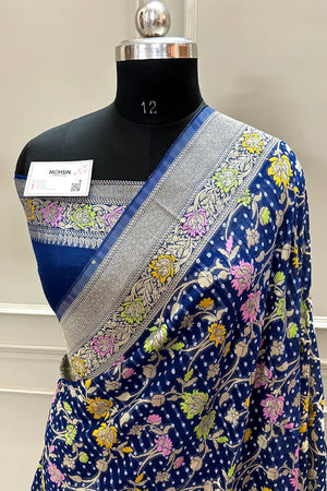 Navy Blue Bandhej Meena Georgette Silk Banarasi Saree