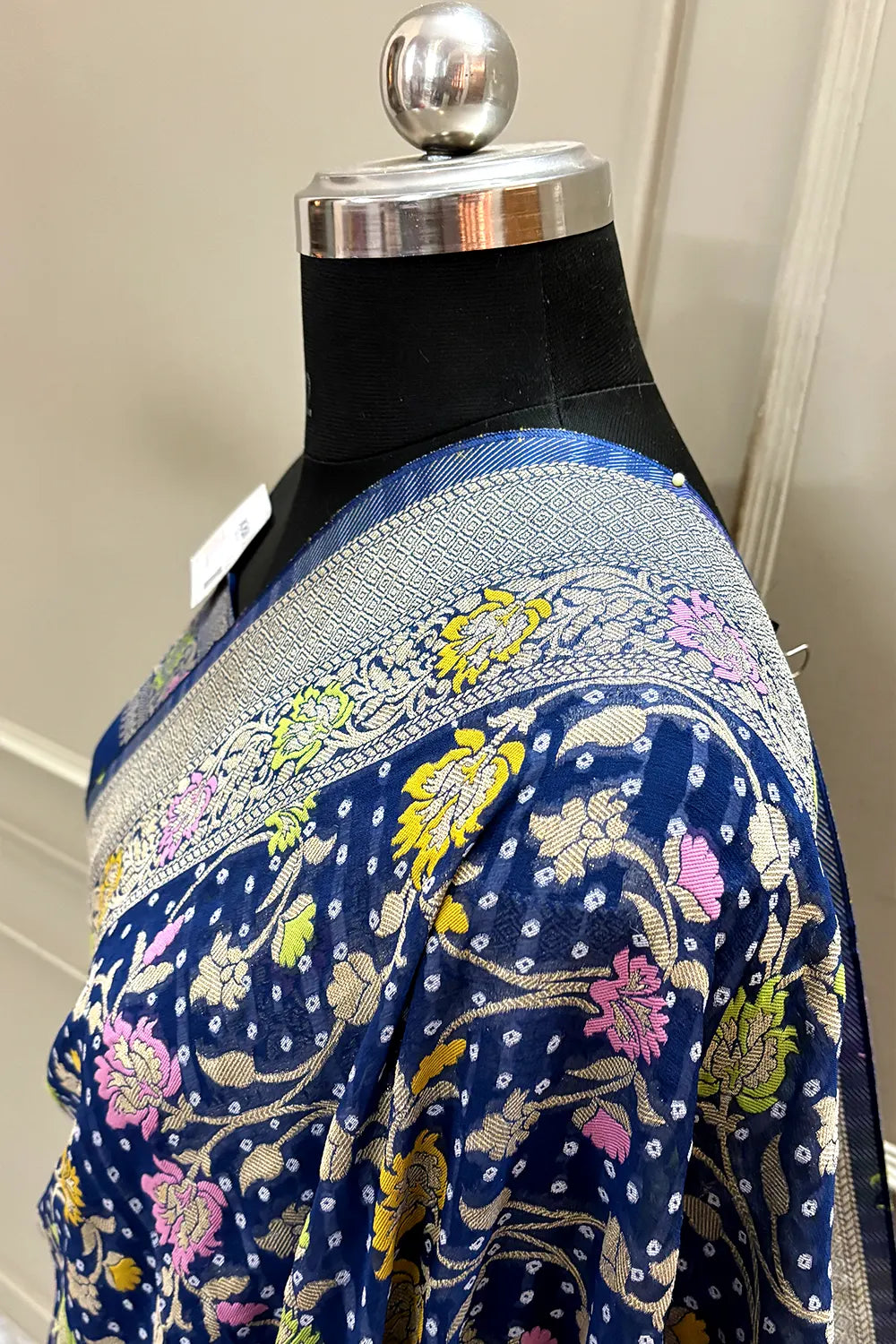 Navy Blue Bandhej Meena Georgette Silk Banarasi Saree