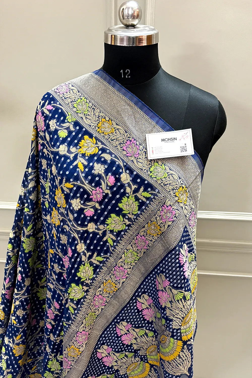 Navy Blue Bandhej Meena Georgette Silk Banarasi Saree