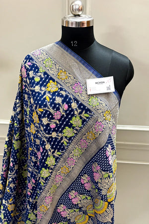 Navy Blue Bandhej Meena Georgette Silk Banarasi Saree