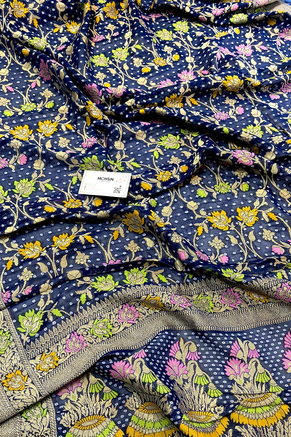 Navy Blue Bandhej Meena Georgette Silk Banarasi Saree