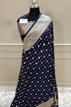 Navy Blue Chunni Munni Buti Katan Silk Banarasi Saree