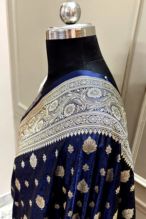 Navy Blue Chunni Munni Buti Katan Silk Banarasi Saree