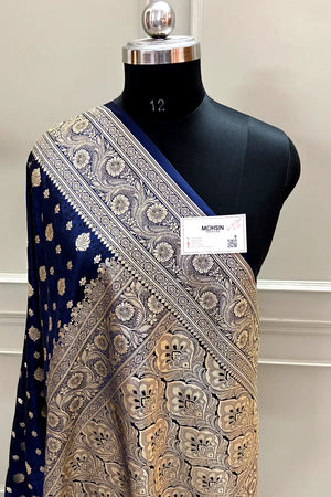 Navy Blue Chunni Munni Buti Katan Silk Banarasi Saree