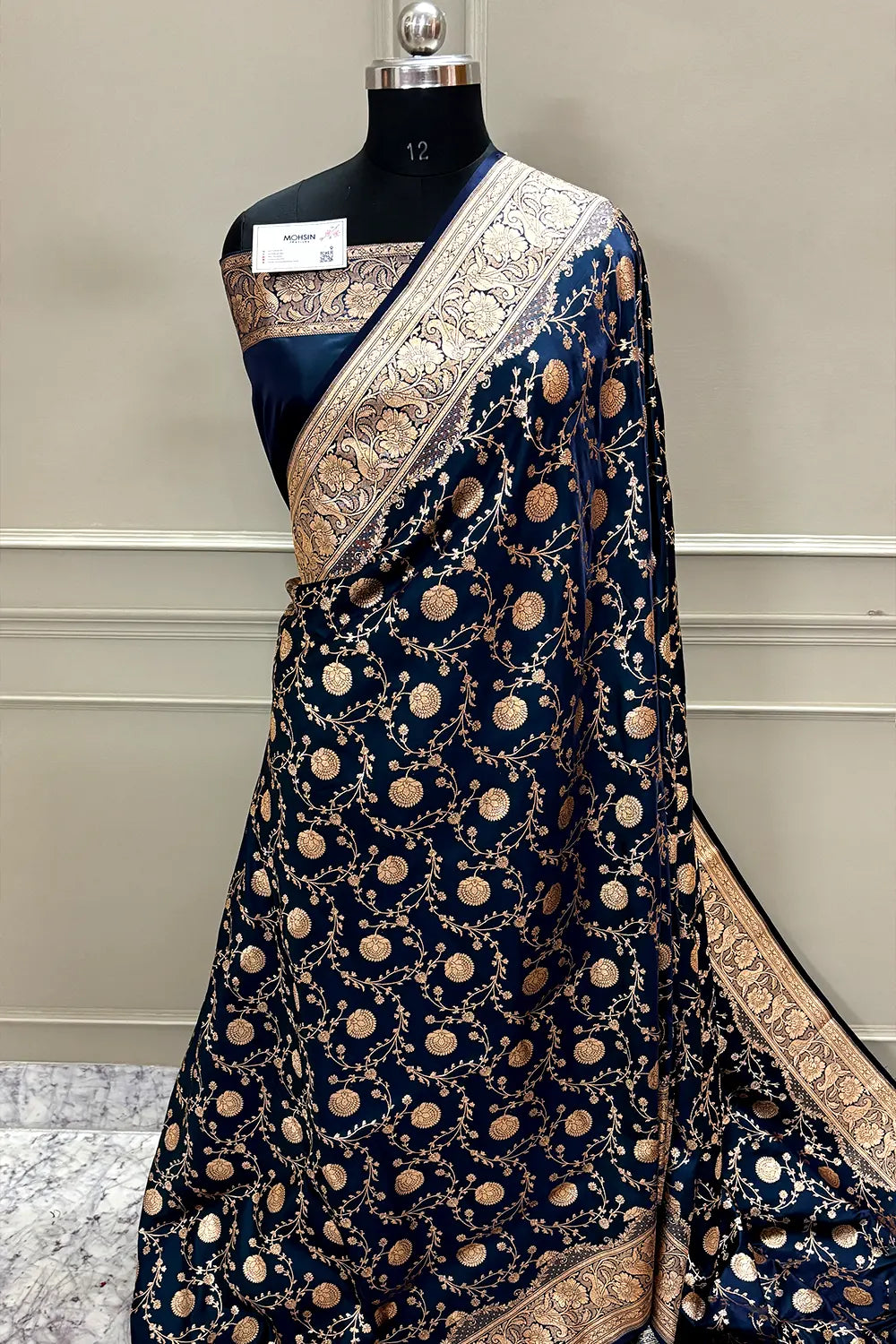 Navy Blue Churmuri Jaal Katan Silk Banarasi Saree