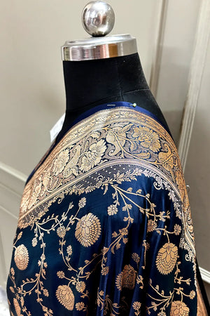 Navy Blue Churmuri Jaal Katan Silk Banarasi Saree
