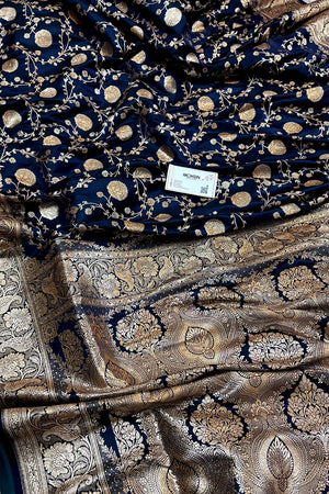 Navy Blue Churmuri Jaal Katan Silk Banarasi Saree