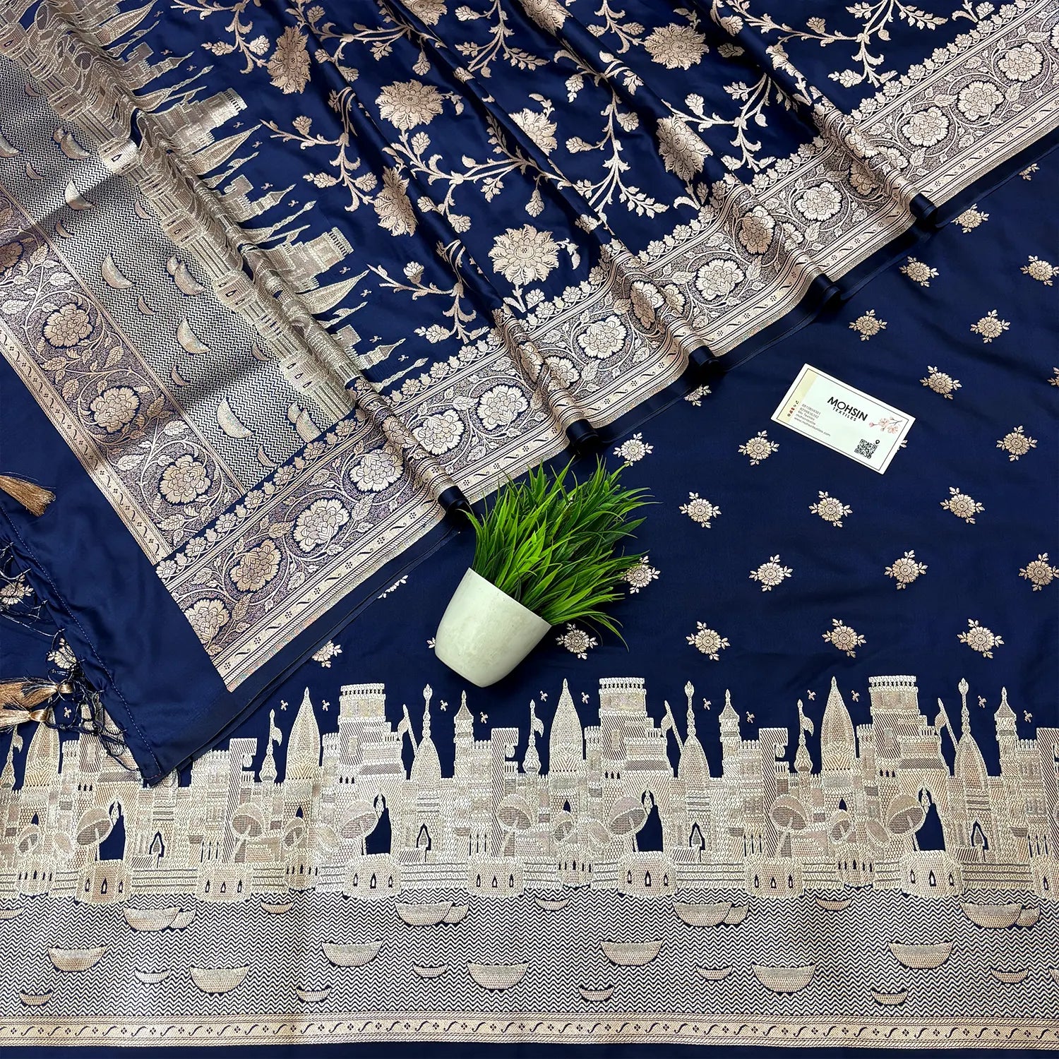 Navy Blue Ganga Ghat Katan Silk Banarasi Suit