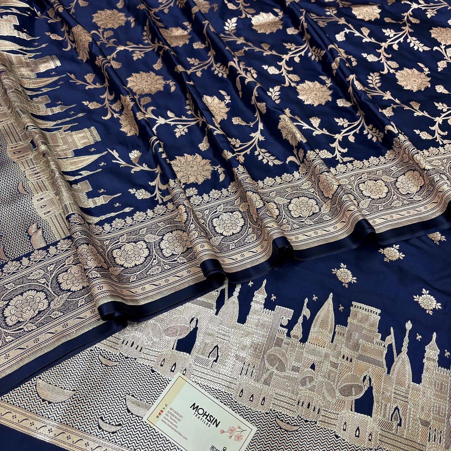 Navy Blue Ganga Ghat Katan Silk Banarasi Suit