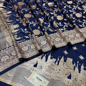 Navy Blue Ganga Ghat Katan Silk Banarasi Suit