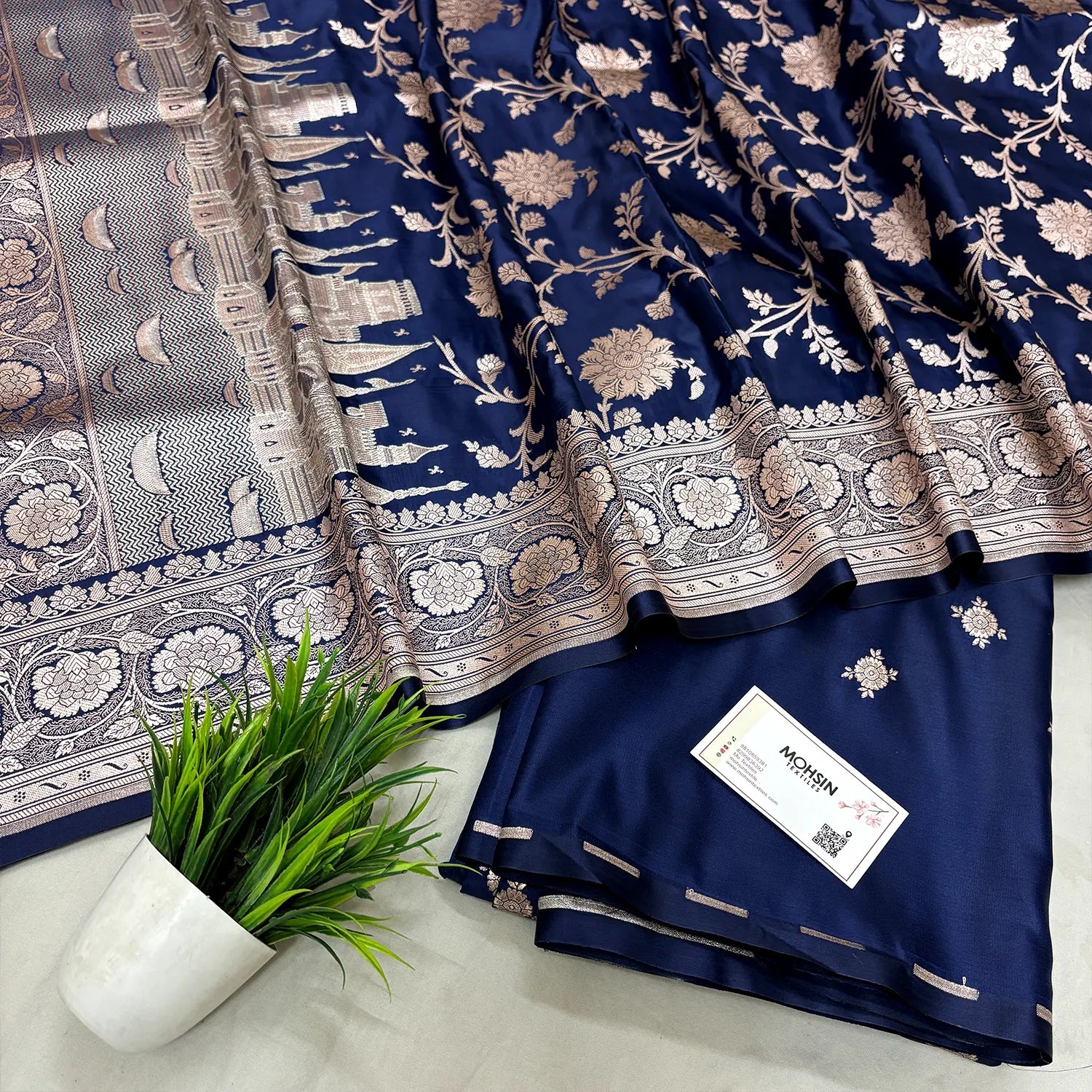 Navy Blue Ganga Ghat Katan Silk Banarasi Suit
