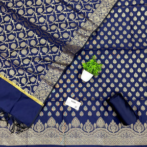 Navy Blue Golden Zari Satin Silk Banarasi Suit