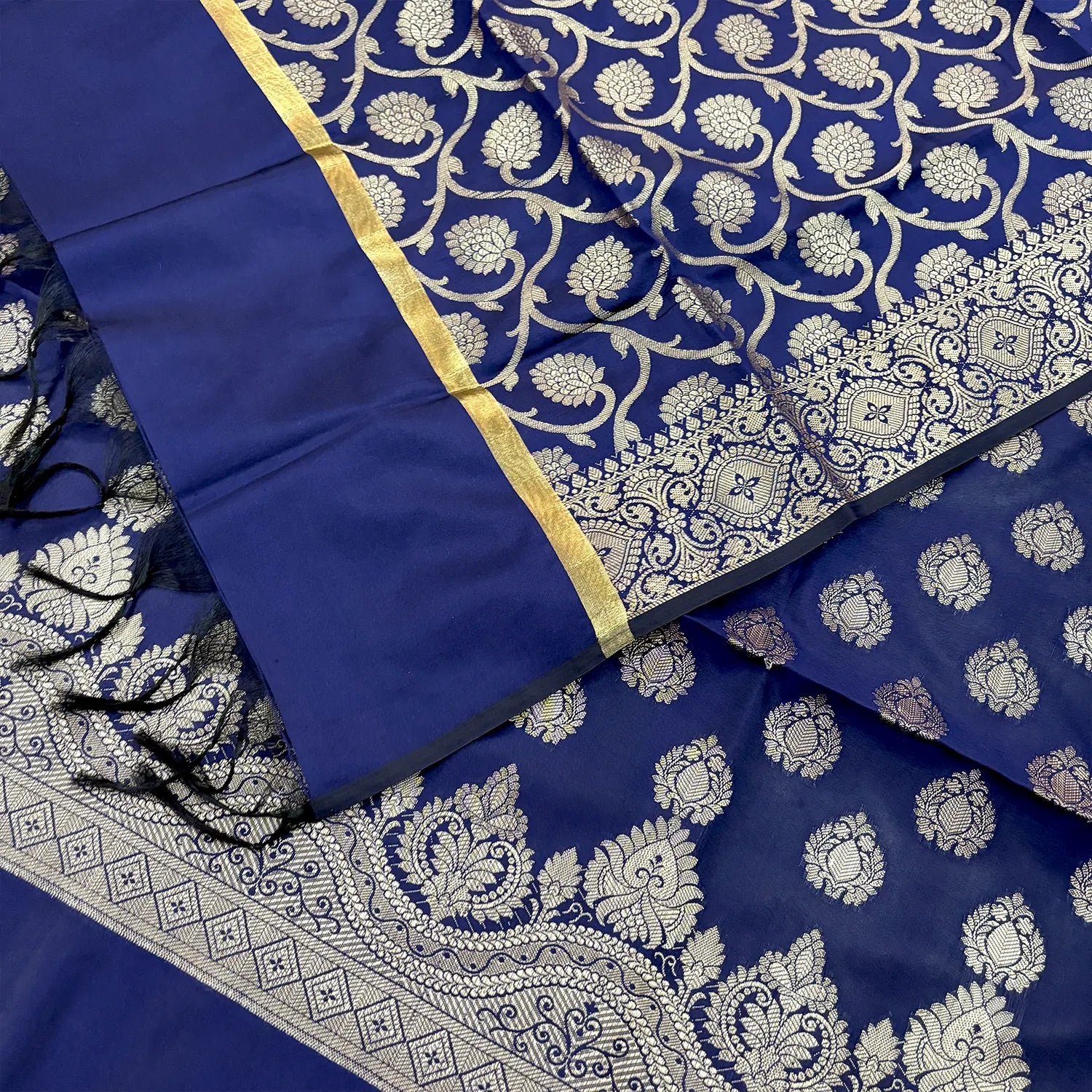 Navy Blue Golden Zari Satin Silk Banarasi Suit