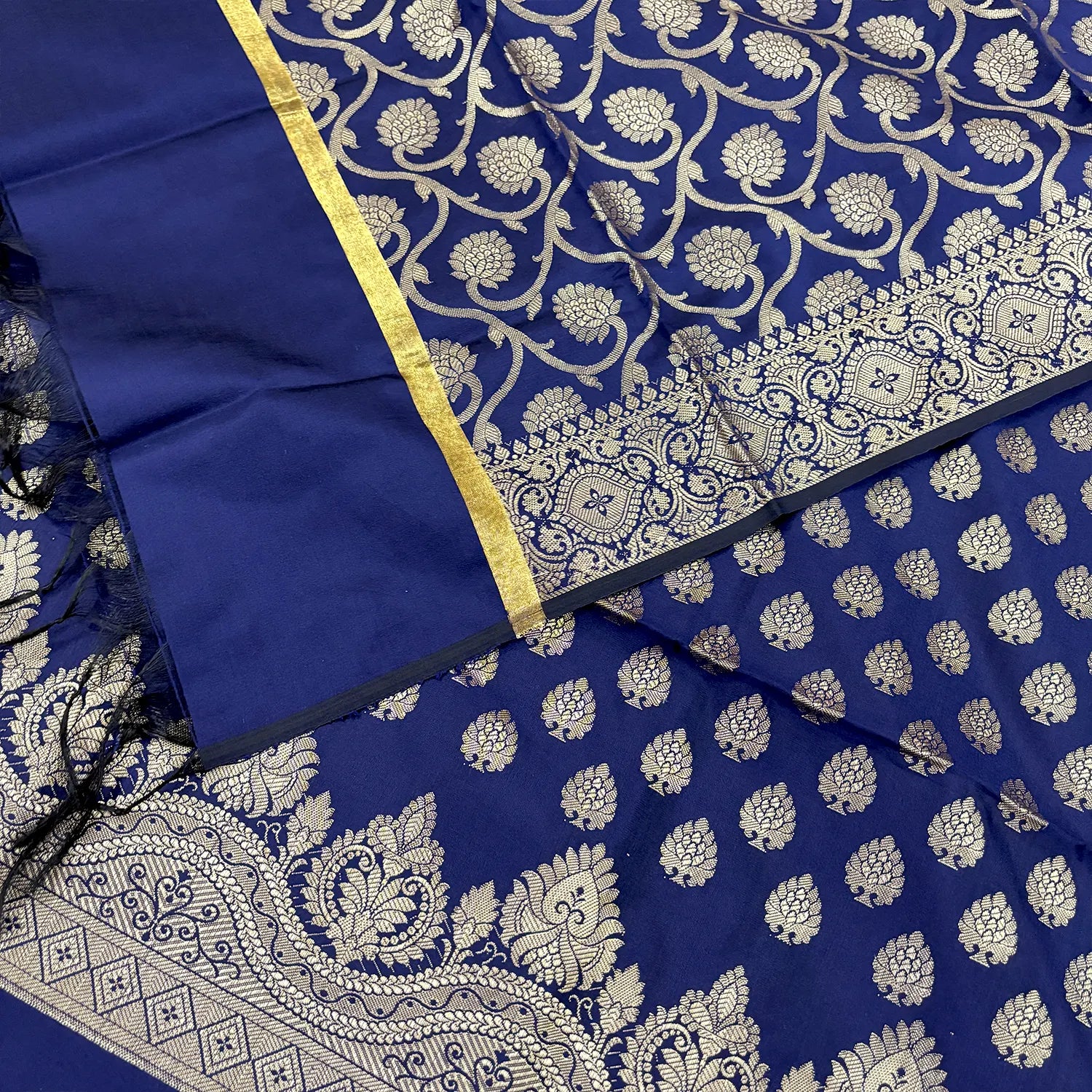 Navy Blue Golden Zari Satin Silk Banarasi Suit