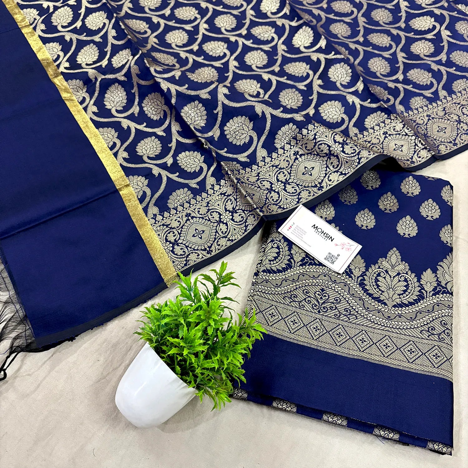 Navy Blue Golden Zari Satin Silk Banarasi Suit