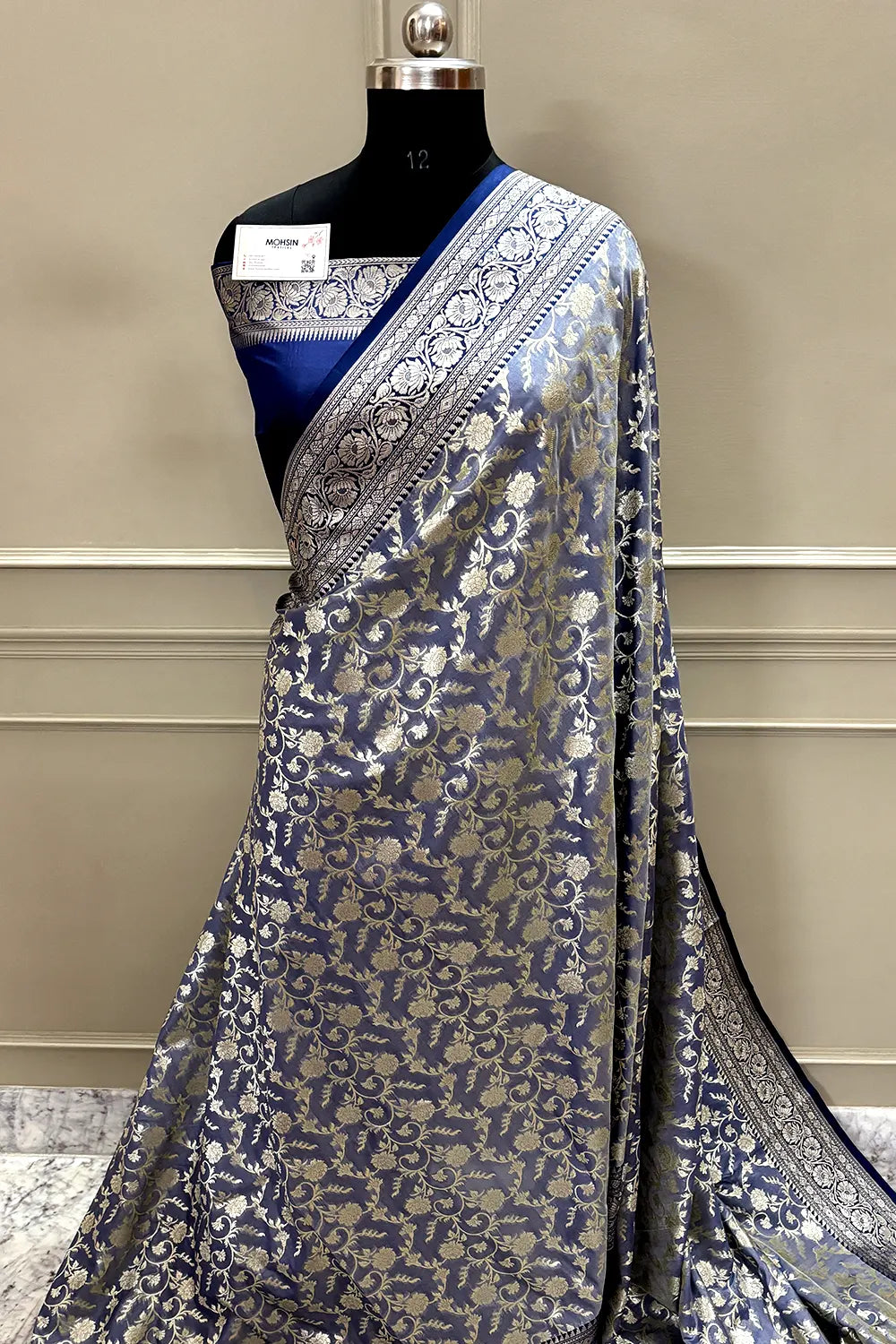 Navy Blue Gulabi Jaal Katan Silk Banarasi Saree
