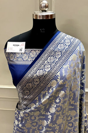 Navy Blue Gulabi Jaal Katan Silk Banarasi Saree