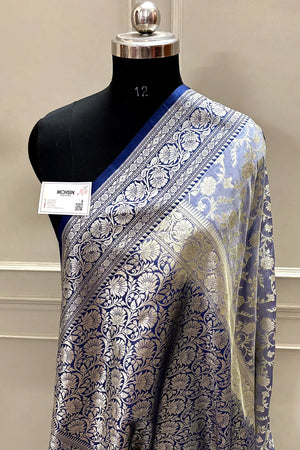 Navy Blue Gulabi Jaal Katan Silk Banarasi Saree