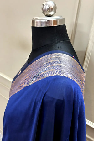 Navy Blue Kalyug Plain Satin Silk Banarasi Saree