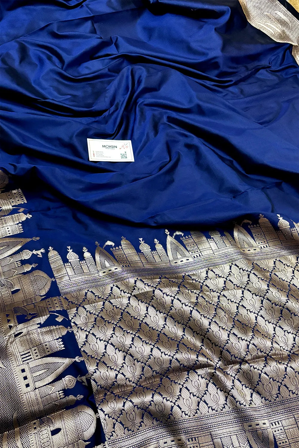 Navy Blue Kalyug Plain Satin Silk Banarasi Saree