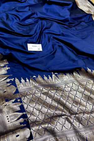 Navy Blue Kalyug Plain Satin Silk Banarasi Saree