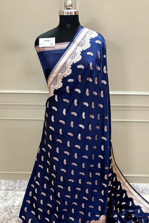 Navy Blue Kanak Buti Katan Silk Banarasi Saree