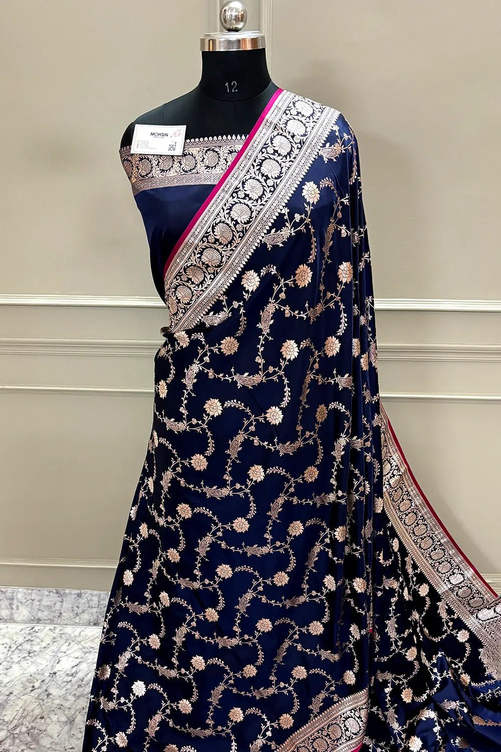 Navy Blue Makra Jaal Katan Silk Banarasi Saree