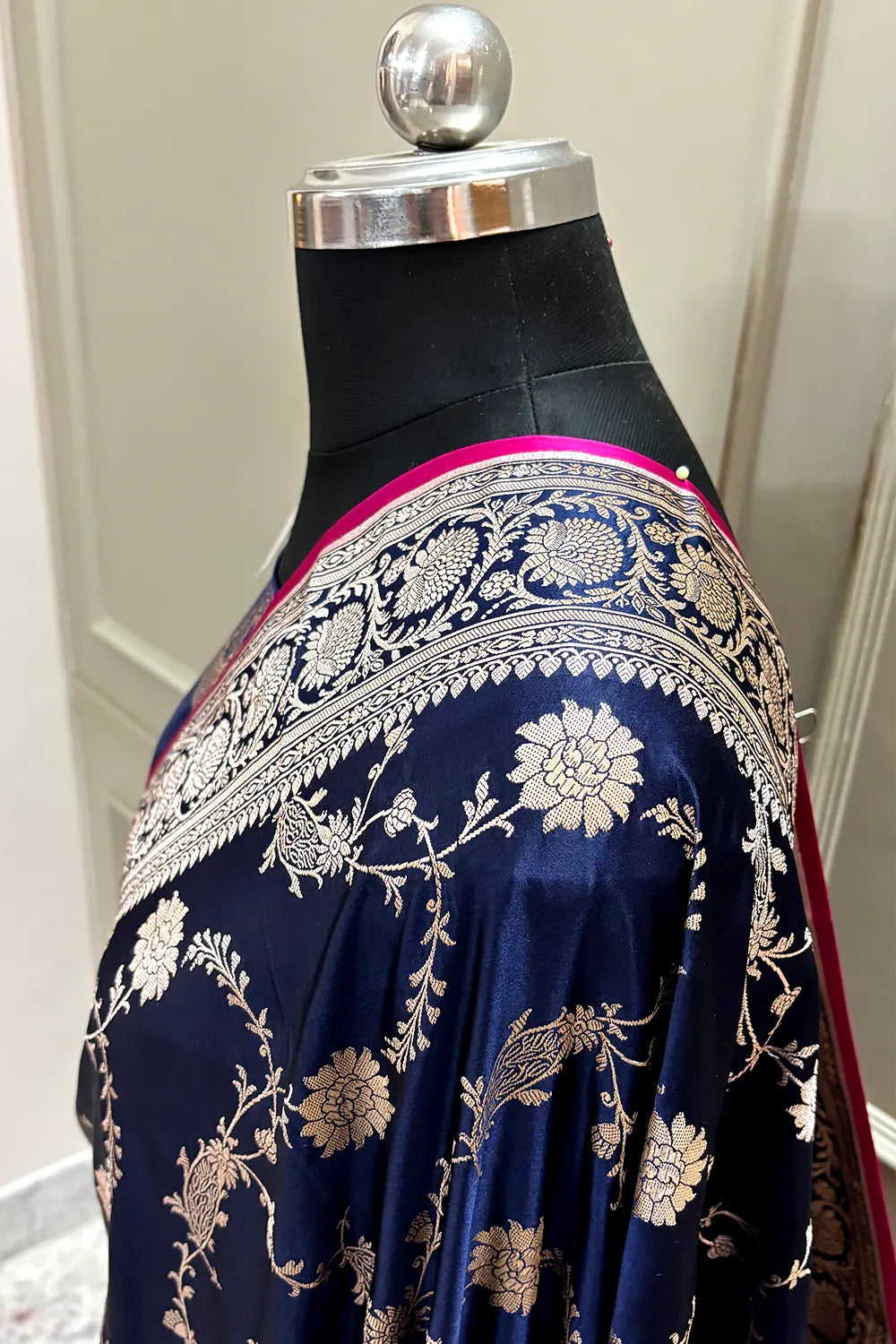 Navy Blue Makra Jaal Katan Silk Banarasi Saree