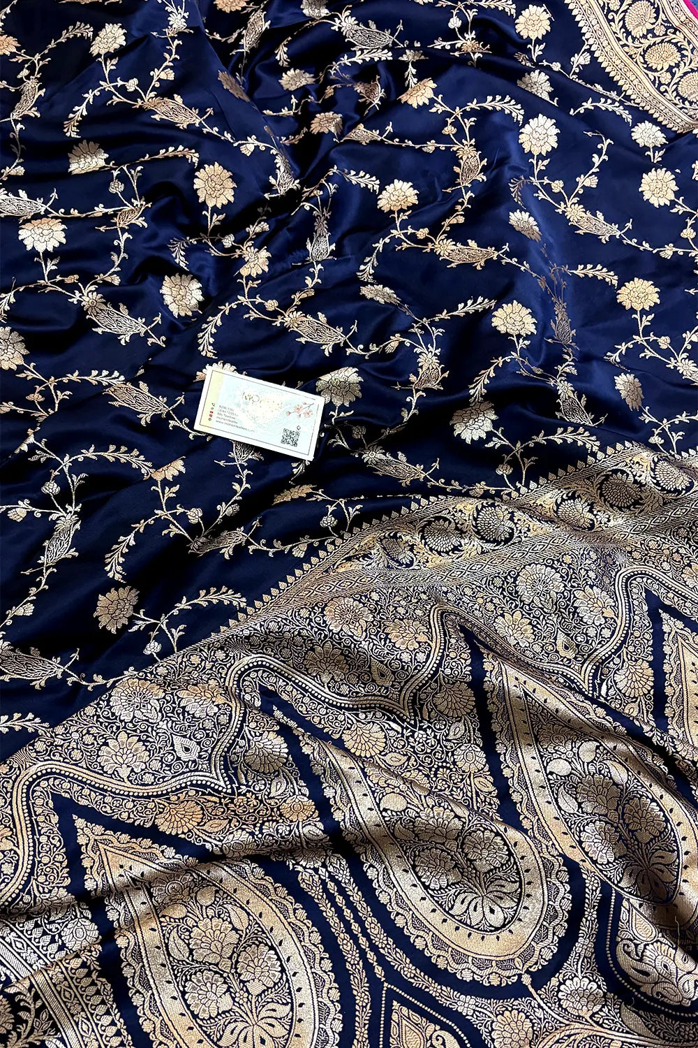 Navy Blue Makra Jaal Katan Silk Banarasi Saree