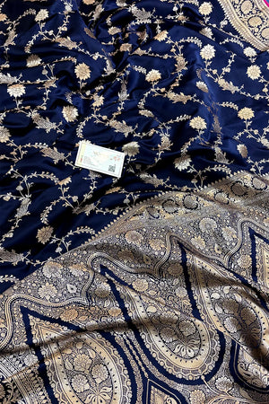 Navy Blue Makra Jaal Katan Silk Banarasi Saree