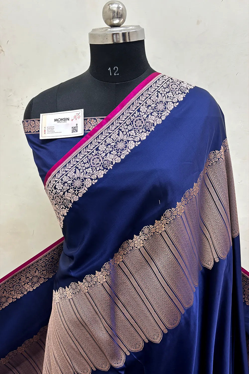 Navy Blue Plain Katan Mashru Silk Banarasi Saree