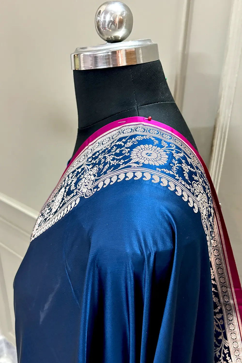 Navy Blue Plain Katan Silk Banarasi Saree