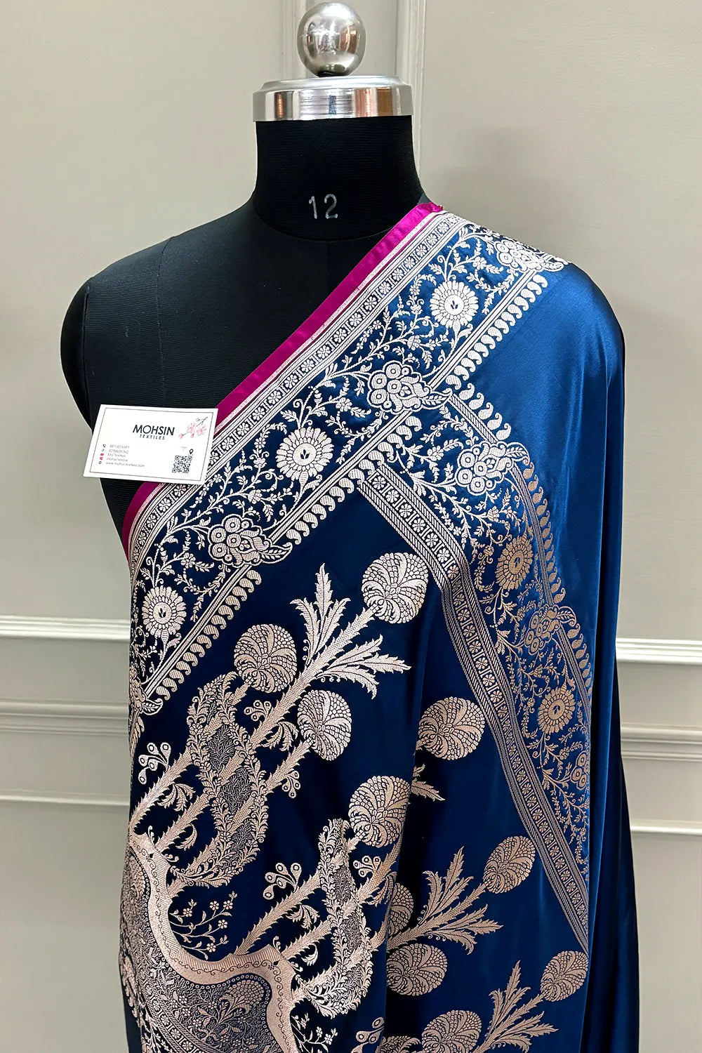 Navy Blue Plain Katan Silk Banarasi Saree