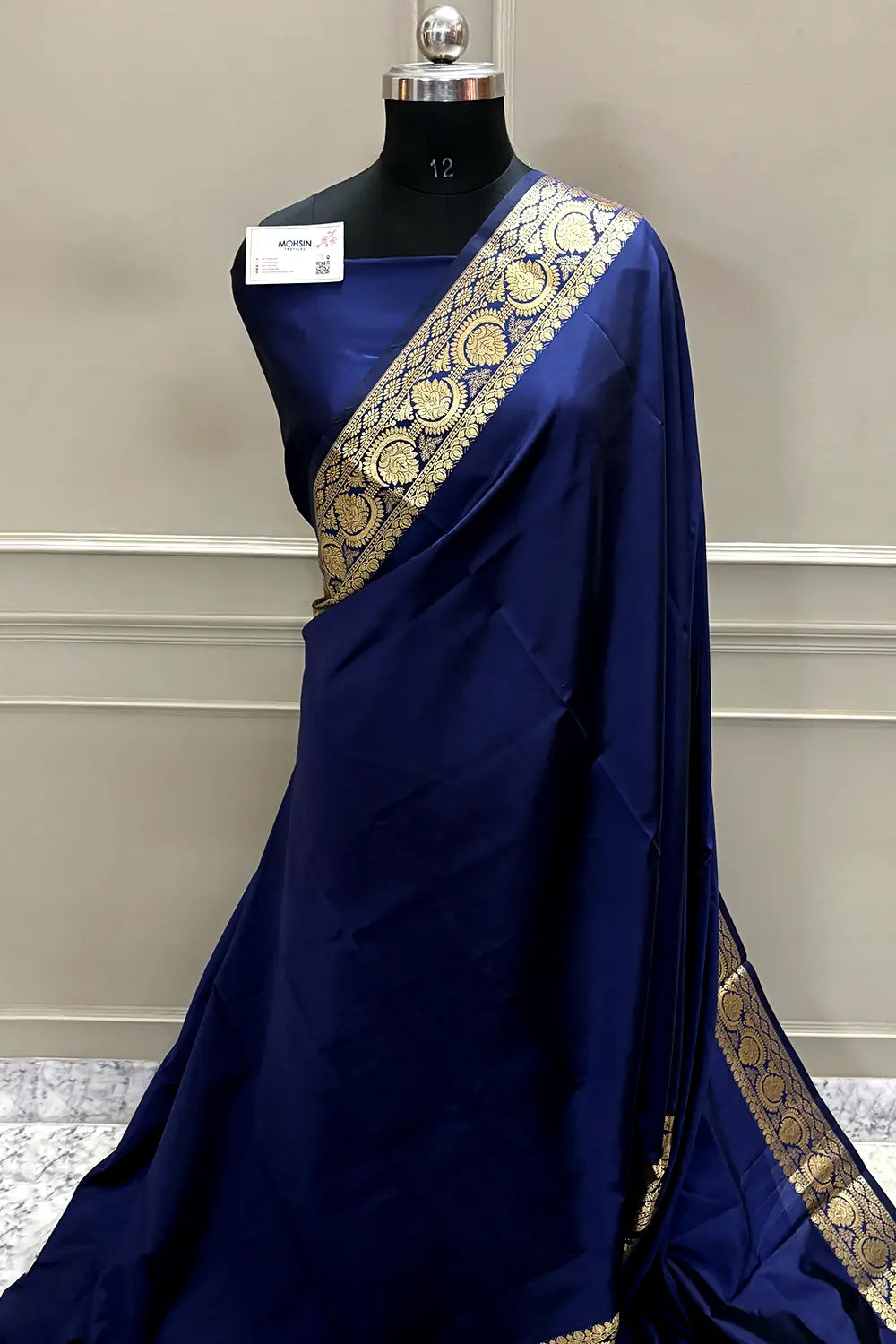 Navy Blue Plain Semi Katan Silk Banarasi Saree