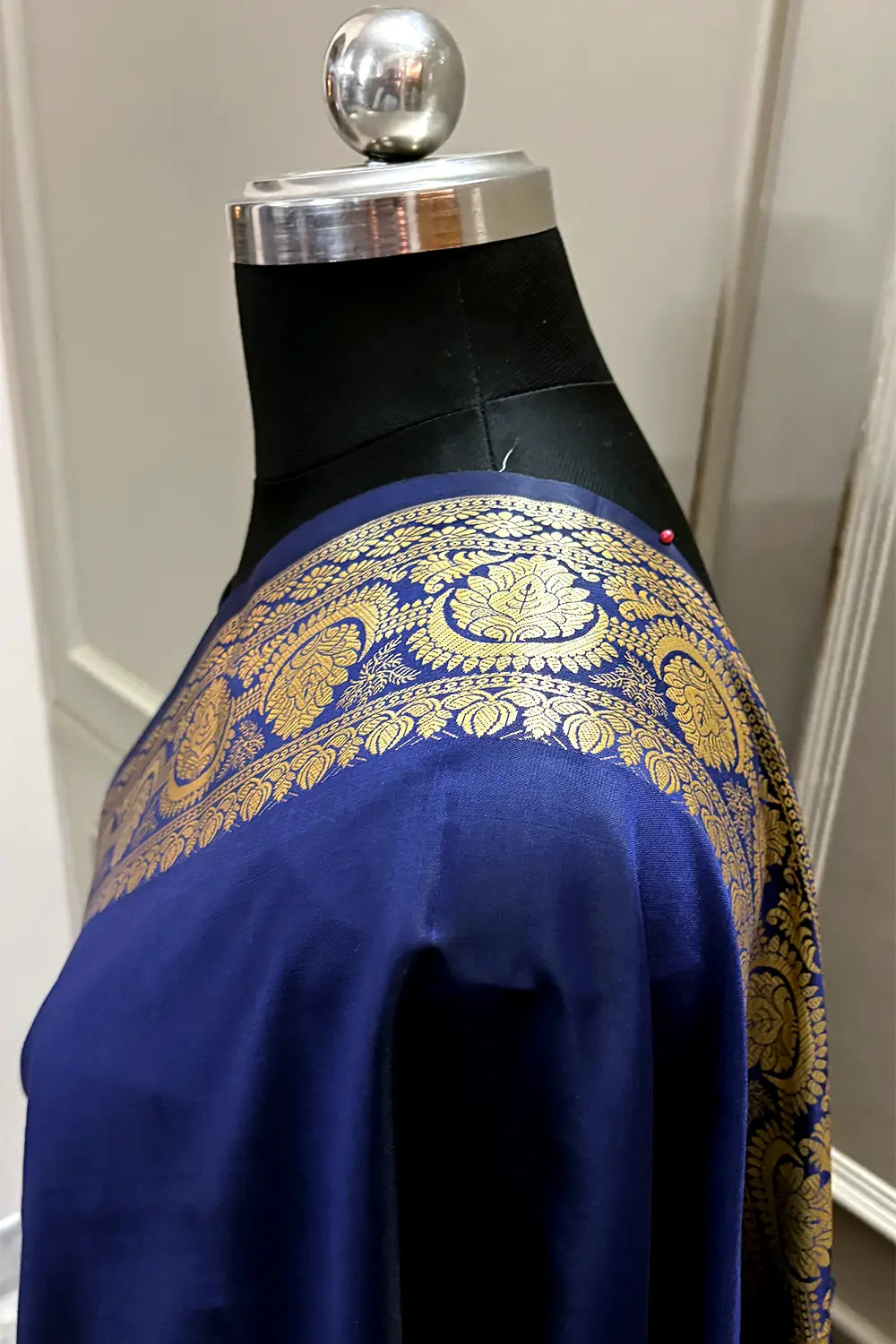 Navy Blue Plain Semi Katan Silk Banarasi Saree