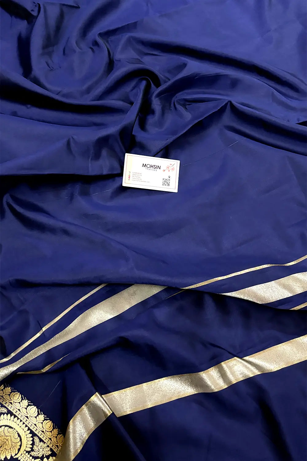 Navy Blue Plain Semi Katan Silk Banarasi Saree