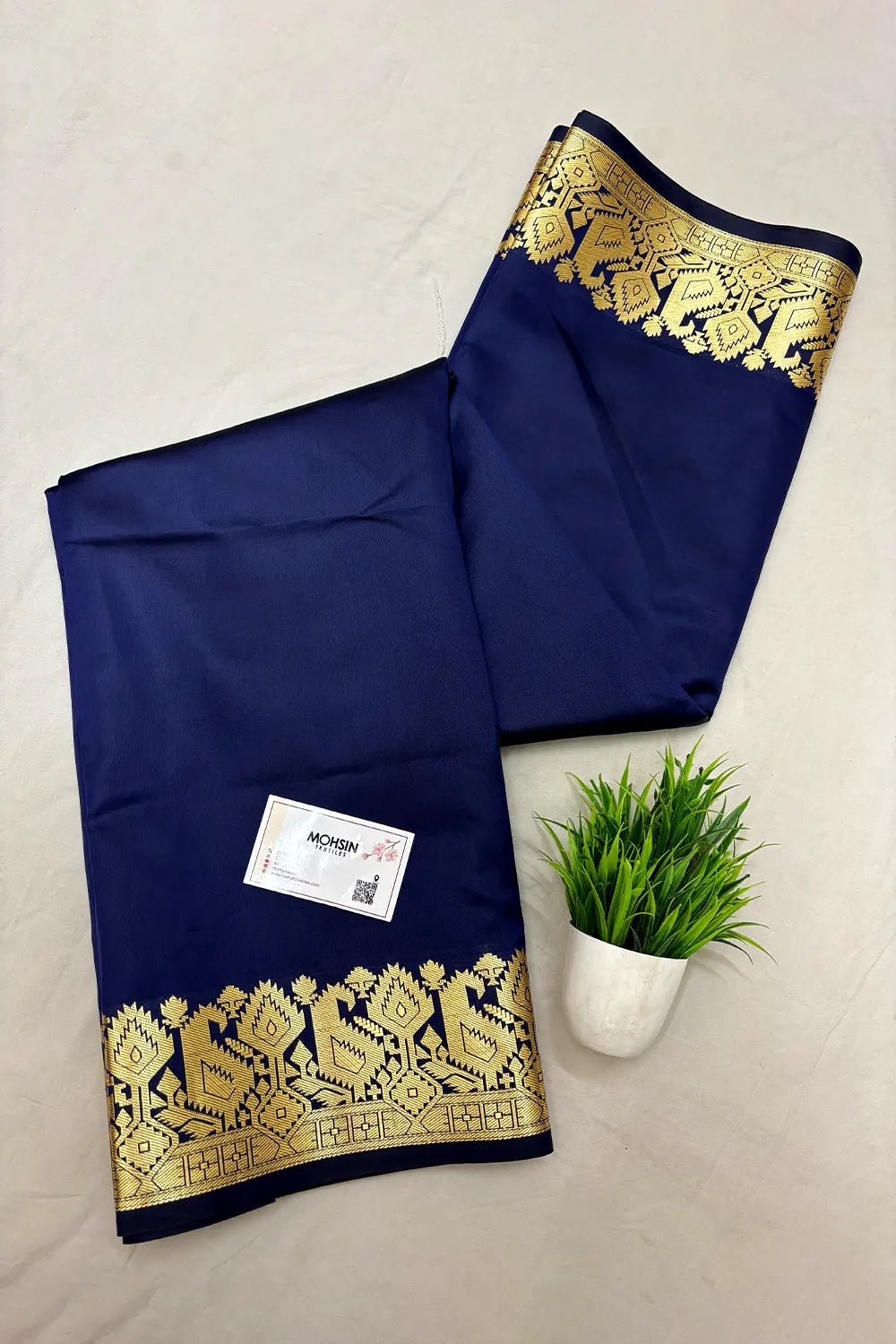 Navy Blue Plain Semi Katan Silk Banarasi Saree