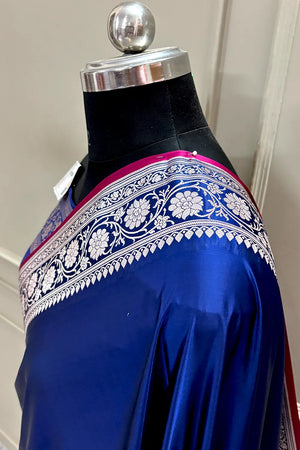 Navy Blue Plain Zari Border Katan Silk Banarasi Saree